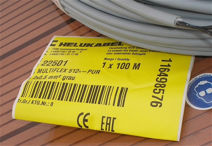 hq3 20m Rundkabel Leitung 2x0,5 mm² Helukabel Multiflex 512 PUR grau  EAN 4060892133411