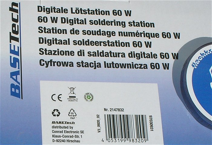 hq3 digitale Lötstation Lötkolben 230V AC 60W Watt Basetech 2147832 EAN 4053199983209