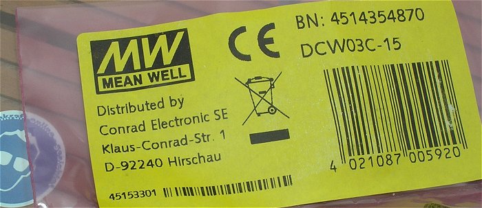 hq3 DC DC Wandler Converter 15V Volt 100mA MW Mean Well DCW03C-15 EAN 4021087005920